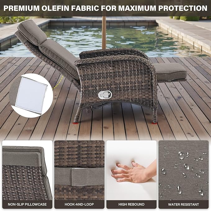 Belord 7 Piece Wicker Patio Furniture Set - 4 Adjustable Outdoor Recliner Chairs with 3 Side Table Patio Conversation Set,155° Lay Flat Chaise Lounge Chair Outdoor for Pool Deck Brown