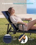 Ciokea Outdoor Lounge Chair with Pillow, 5-Position Aluminum Chaise Lounge with Wheels & Armrests, 400 lbs Heavy Duty Patio Pool Chair for Deck, Backyard, Beach & Poolside, Navy Blue