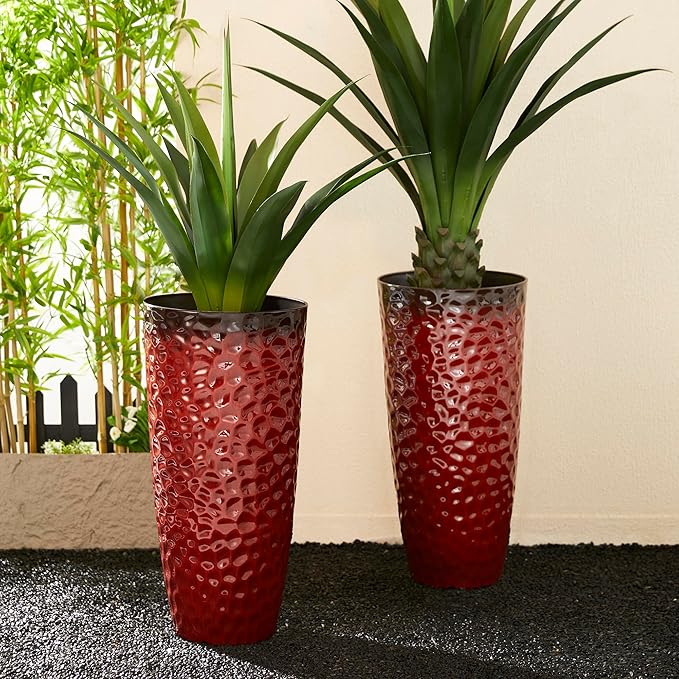 Glitzhome 31" H Large Plastic Tall Planters,Set of 2 Honeycomb Textured Gradient Red Tall Plant Pots with Drainage Holes,Oversized Planters Flower Pots for Indoor Outdoor Front Porch Patio