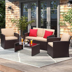 4-Piece Patio Furniture Set, Wicker Outdoor Rattan Sectional Sofa with Cushions and Glass Table, All-Weather Outdoor Conversation Set, Ideal for Garden, Porch, Backyard, Beige
