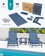 SERWALL Patio Chaise Lounge Chair Set of 4, 5 Positions Adjustable Poly Outdoor Lounger for Pool, HDPE Lounge Chair with Rolling Wheels & Cup Holder for Poolside, Deck, Blue