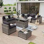 Aoxun 8 Piece Patio Furniture Set with 44” Fire Pit Table Wicker Rattan Outdoor Sectional Sofa Set with Coffee Table and Thickened Cushions, Black (Waterproof Cover Included)