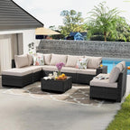 9 Pieces Patio Furniture Set All-Weather Outdoor Wicker Sectional Conversation Sofa Rattan Patio Seating Sofa with Cushion and Glass Table and Ottoman for Porch Poolside,Beige