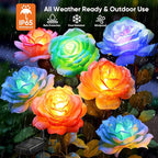 Solar Rose Lights Outdoor: 4 Pack IP65 Waterproof 7-Color Changing LED Flower Stakes for Garden Pathway Patio Lawn Decorative - Auto On Off 10H+ Lighting