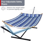 12 Ft Hammock with Stand for Outside, 2 Person Hammock Freestanding with Curved Spreader Bars, Pillow and Portable Bag, Heavy Duty 450 Lbs, Blue Stripes