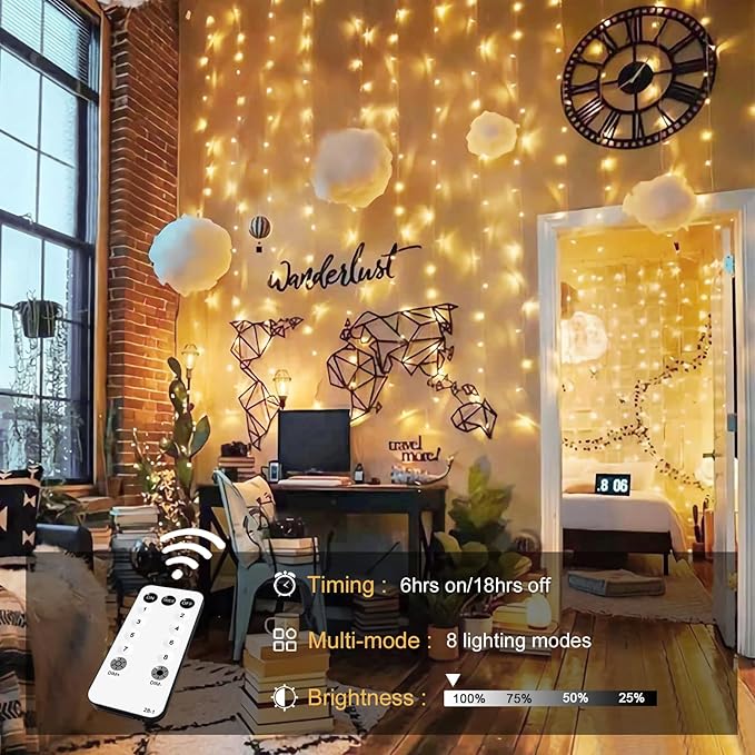 Indoor String Lights, 600 LED Warm White Curtain with Remote