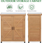 Outdoor Storage Cabinet & Potting Bench Table with Metal Top, Wooden Patio Furniture, Garden Workstation (Light Brwon, 36x31x17in)