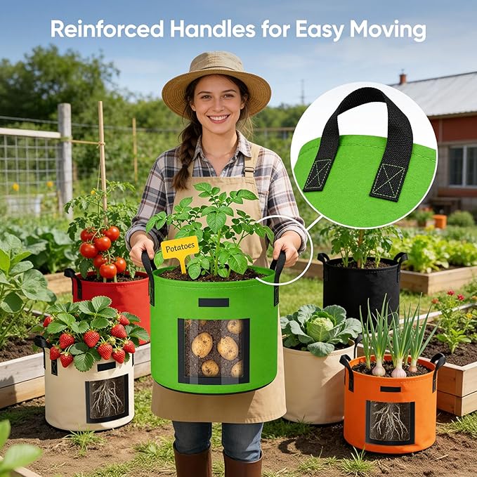 20 Gallon Potato Grow Bags: Set of 5 Colorful Gardening Supplies Fabric Pots with Harvest Window Reinforced Handles - Planting Container for Vegetable Tomatoes Carrot Flowers Balcony Patio Use