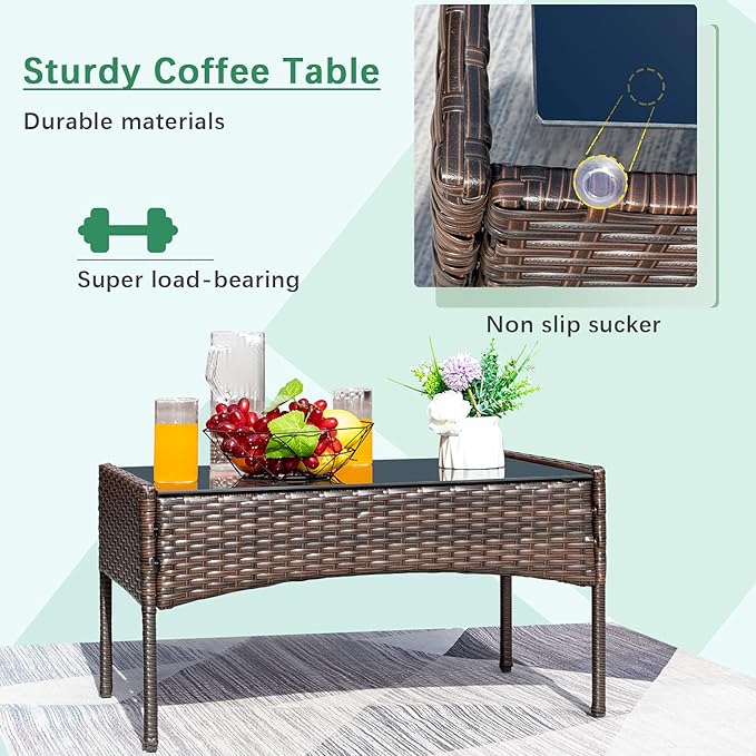 Greesum Patio Furniture 4 Pieces Conversation Sets Outdoor Wicker Rattan Chairs Garden Backyard Balcony Porch Poolside loveseat with Soft Cushion and Glass Table, Brown and Gray