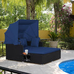 ORALNER Outdoor Daybed, 2-Person Wicker Patio Sofa with Retractable Canopy, Cushions & Pillows, 2 Side Trays, PE Rattan Sunbed Double Lounger for Deck Poolside Garden Balcony (Navy)