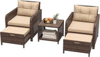 LHBcraft Balcony Furniture 5 Piece Wicker Patio Furniture Set, Outdoor Hand-Woven Rattan Lounge Chairs with Tempered Glass Coffee Table, Ottomans & Soft Cushions for Front Porch, Garden, Brown