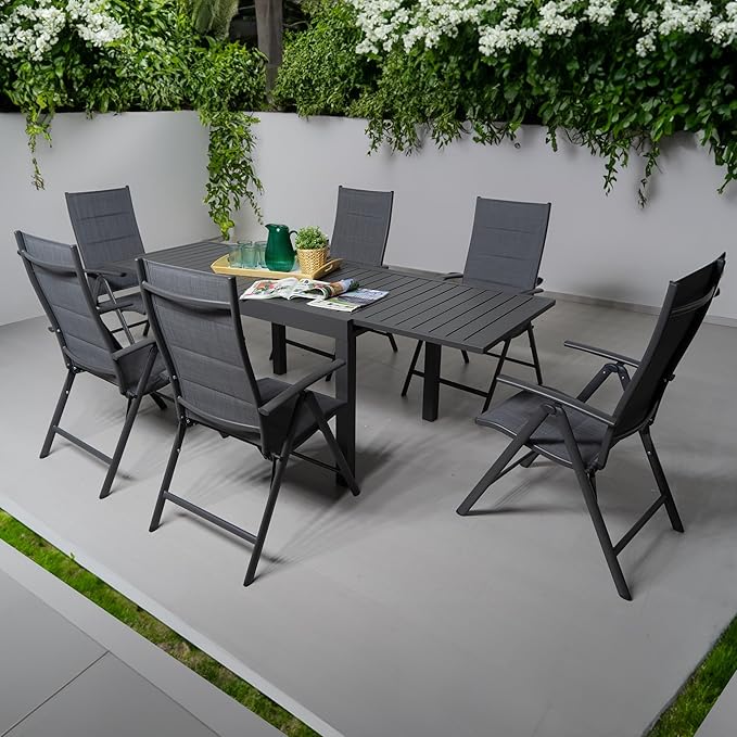 Kozyard 7 Piece Outdoor Patio Dining Set for 6 Person, 6 Pack Foldable Deck Chairs, 43"- 86" Villa Expandable Patio Dining Table Adjustable for Backyard, Porch, Deck, Garden