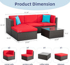 Vongrasig 5 Pieces Small Patio Furniture Sets, All-Weather Outdoor Sectional Patio Sofa Wicker Rattan Patio Seating Sofas with Cushion and Glass Table (Red)