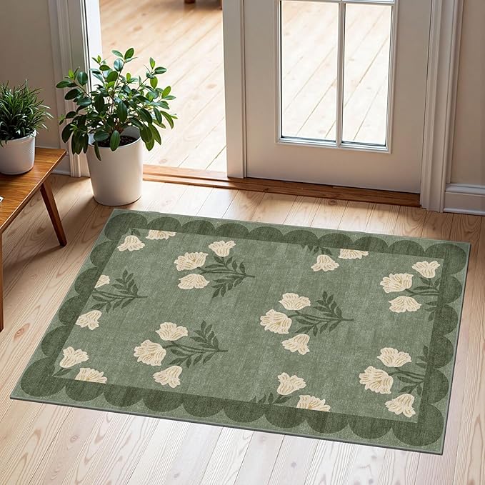 Outdoor Rugs Floral Door Mat in Sage Green, 2 x 3 Feet, Non-Slip
