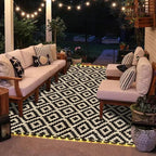 SAND MINE Reversible Mats with Led Strip Lights, Plastic Straw Rug, Modern Area Rug, Large Floor Mat for Outdoors, Patio, Backyard, Deck, Picnic, Camping, Black & Beige, 8' x 10'