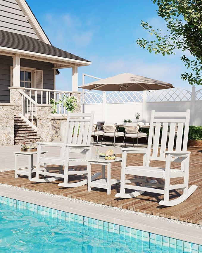 GarveeLife Poly Lumber Rocking Chair Outdoor Set of 2 with Side Table - HDPE High Back Porch Rocker Chairs for Adults - All Weather Resistant Furniture for Patio - White