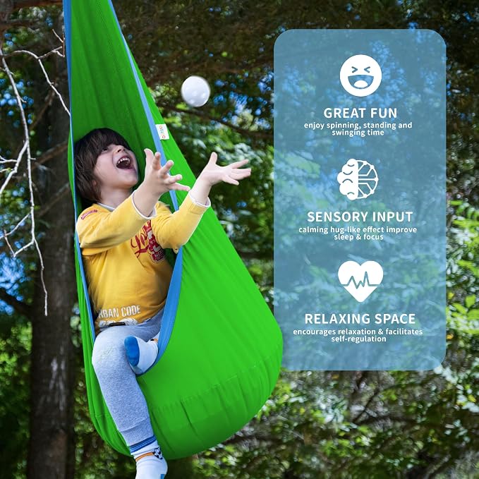 Hammock Chair for Kids, Cotton Pod Swing in Green and Blue