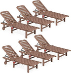 SERWALL Outdoor Chaise Lounge Set of 6, HDPE Pool Lounge Chair with 5-Position Adjustable Backrest, Patio Lounger with Rolling Wheels & Cup Holder for Pool, Brown