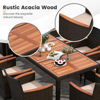 Tangkula 11 Pieces Patio Dining Set with 15ft Double-Sided LED Patio Umbrella (Base Included), Outdoor Rattan Furniture Set with 8 Stackable Chairs, Acacia Wood Dining Table and Umbrella (Wine)