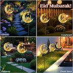 Lewondr 2Pcs Ramadan Solar Lights, Ramadan Decorations Outdoor, Metal Yard Signs LED Eid Decorations Mubarak Star Moon Castle, Waterproof Solar Garden Stakes Lights for Walkway Lawn Patio