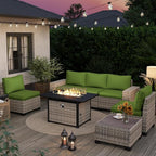 7-Piece Outdoor Patio Furniture Set with 55,000 BTU Fire Pit Table, PE Wicker Rattan Sectional Sofa Patio Conversation Set with Thickened Cushions & Coffee Table, Avocado Green