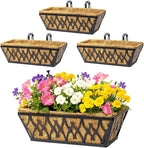 4 Pack 16 Inch Window Boxes Planters Railing Planter Box with Adjustable Brackets for Porch Fence Patio Balcony Hanging Flower Baskets with Coco Liners for Outdoor Garden Decor - Black