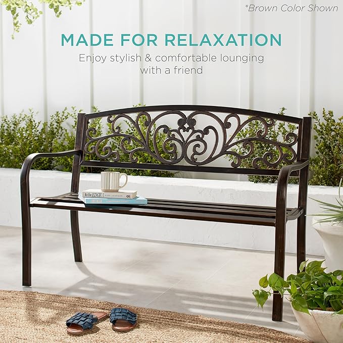 Best Choice Products Outdoor Bench Steel Garden Patio Porch Furniture for Lawn, Park, Deck w/Floral Design Backrest, Slatted Seat - White