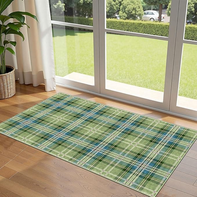 Outdoor Rug Plaid Door Mat, Sage Green Textured, 2 x 4.3 Ft