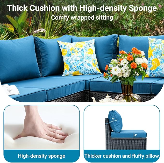 Jing's Villa 2 Piece Outdoor Wicker Armless Sofa, Patio Rattan Sectional Sofa Set with Thick Seat Cushions and 2 Back Cushions for Garden Patio, Backyard, Poolside Peacock Blue