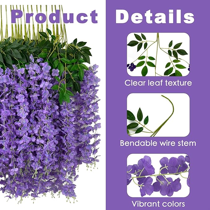 Artificial Wisteria Flowers, 48 Pack Light Purple Hanging Vines