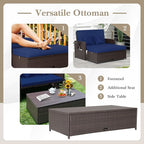 HAPPYGRILL Patio Rattan Wicker Daybed with Loveseat & Storage Ottoman, Outdoor Lounge Sofa Furniture Set with Adjustable Backrest & Side Trays, for Poolside Deck Porch Lawn (Mix Brown & Navy)