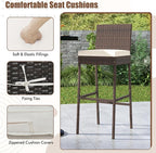 HAPPYGRILL Wicker Patio Barstools Set of 2, Outdoor Rattan Bar Chairs with Footrest & Backrest, Armless High Top Chairs with Seat Cushions for Backyard, Balcony