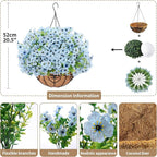 Artificial Hanging Flower for Outdoors, Fake Hanging Basket for Outside,1 Hanging Basket with 13 Pcs Faux Silk Flowers for Porch, Balcony and Patio Decor(Blue)