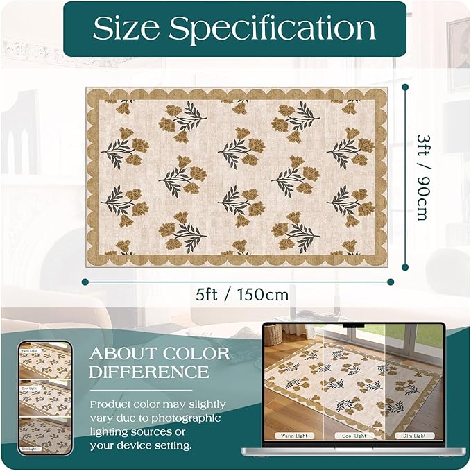 Outdoor Rug 3x5 Beige Floral Entry Mat, Washable Polyester