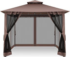COBIZI Gazebo 10x10 Heavy Duty Gazebos with Improved Nettings Outdoor Gazebo Double Roof Patio Gazebos with Metal Steel Frame Outdoor Canopy for Patio, Deck, Backyard-Brown