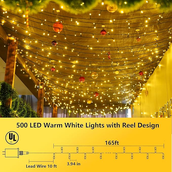 String Lights 500 LED 165 ft Warm White with 8 Modes