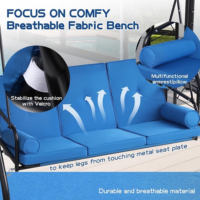 Porch Swing 3-Seat Glider with Adjustable Canopy, Blue Metal