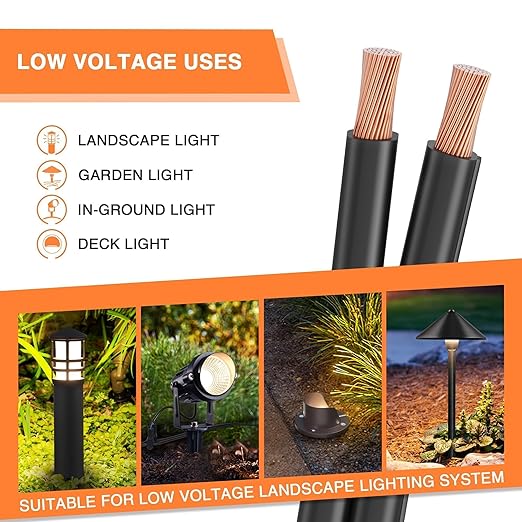 SUNVIE 12/2 Low Voltage Landscape Wire 250FT with Spool Outdoor Landscape Lighting Cable 12 Gauge 2 Conductors Low Voltage Wire for Landscaping Lights, ETL Listed, Pure Copper, Direct Burial