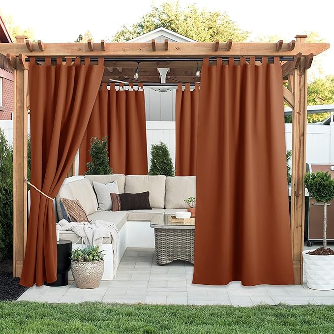 NICETOWN 2 Pieces Outdoor Curtainss for Pergola Waterproof, Self-Sticky Tab Top Blackout Indoor Outdoor Public Dividers Vertical Drapes Windproof Keep Privacy for Gazebo, Mecca Red, W52 x L95 inch