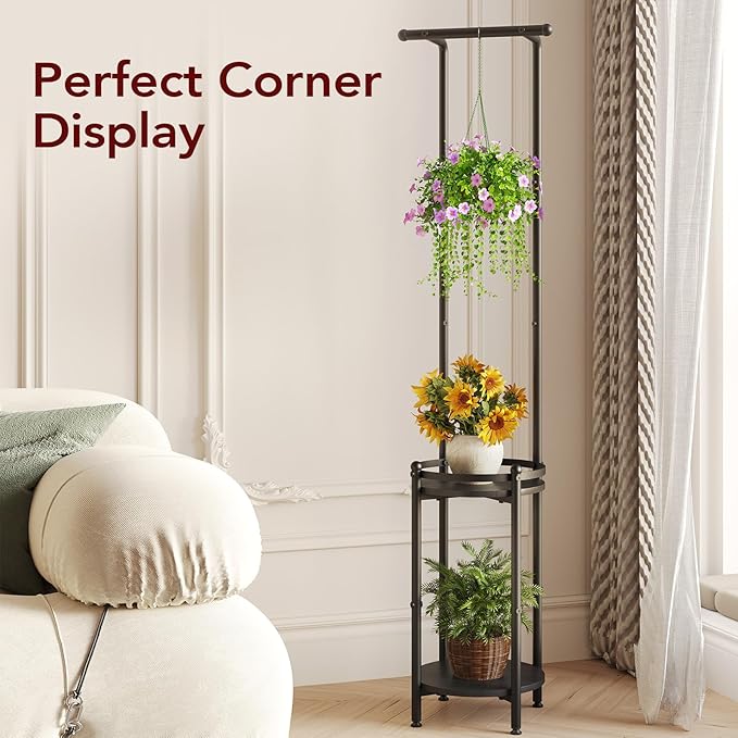 Plant Stand Indoor Outdoor - Heavy Duty Metal 2-tier Hanging Plant Holder Space-Saving Iron Plant Stands Tall Plant Shelf for Living Room Garden Balcony（Black）