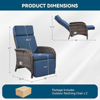 Zero Gravity Wicker Patio Recliner Chairs Set of 2 - Wicker Outdoor Lounge Chair with Adjustable Backrest & Footrest, All Weather Outdoor Reclining Chairs with Thick Cushion for Pool Deck Blue