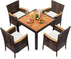 Shintenchi 5 PCS Patio Dining Set, Wicker Outdoor Table and Chairs with Soft Cushions, Patio Furniture Set with Wood Table Top for Backyard, Deck and Garden, Brown Rattan