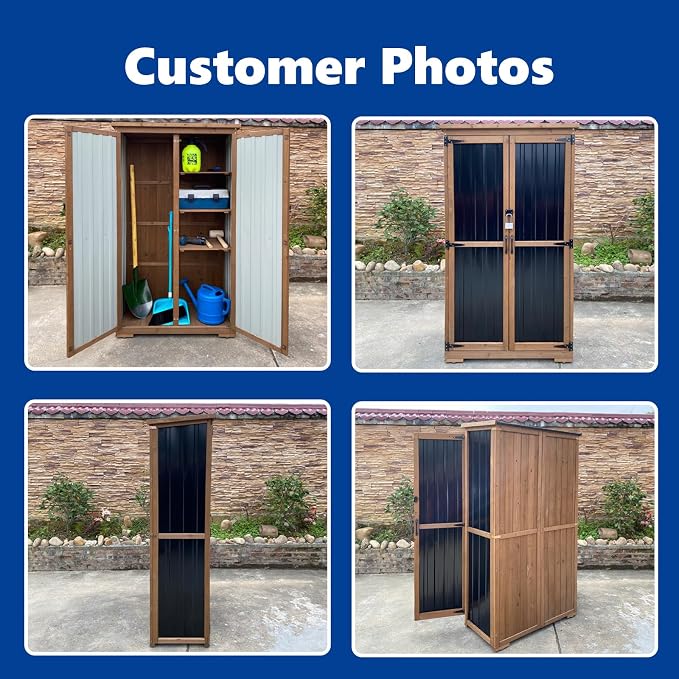 Storage Shed, Brown Wood & Metal, 3 Removable Shelves, Magnetic Doors