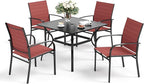 5 Piece Patio Dining Set for 4, 37”x37” Square Table with Umbrella Hole, 4 Metal Red Chairs, Outdoor Table and Chairs Set for Lawn Backyard and Deck