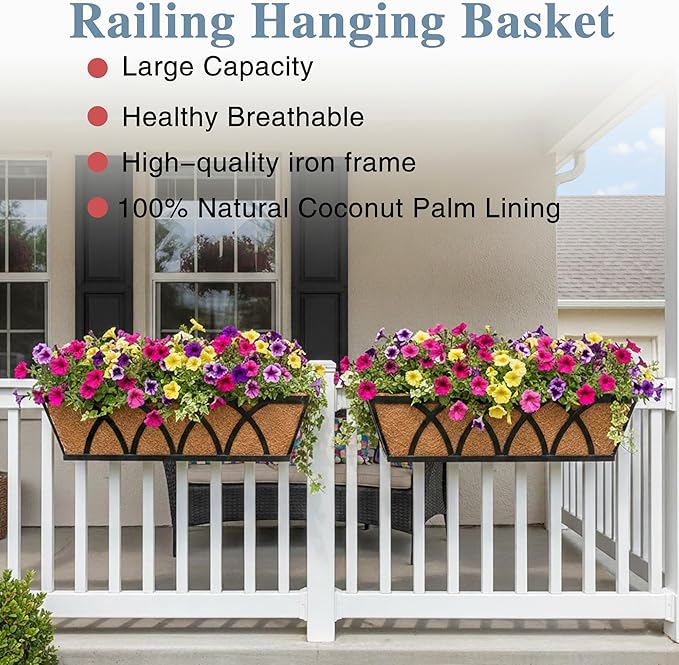 Window Deck Railing Planters Boxes with Coconut Liner, The Bottom Flat Window Boxes Planter Flower Boxes Metal Black Balcony Planters Railing Hanging for Outdoor Fence Porch Patio Lawn(2Pcs 30 Inch)