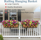 Window Deck Railing Planters Boxes with Coconut Liner, The Bottom Flat Window Boxes Planters Flower Boxes Metal Black Balcony Planter Railing Hanging for Outdoor Fence Porch Patio Lawn(4Pcs 24 Inch)