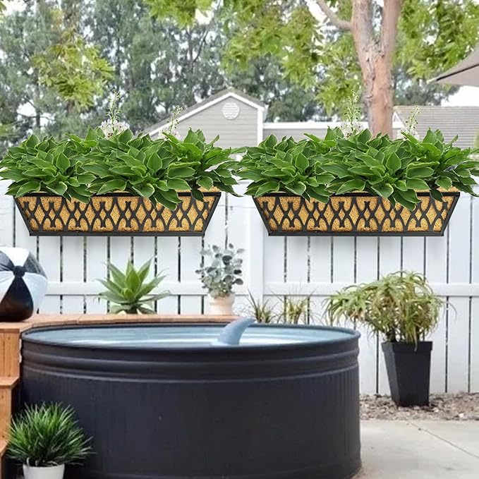 6 Pack 24 Inch Window Boxes Planters Railing Planter Box with Adjustable Brackets for Porch Fence Patio Balcony Hanging Flower Baskets with Coco Liners for Outdoor Garden Decor - Black