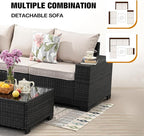 7 Pieces Patio Furniture Set All-Weather Outdoor Wicker Sectional Conversation Sofa Rattan Patio Seating Sofa with Cushion and Glass Table and Ottoman for Porch,Beige