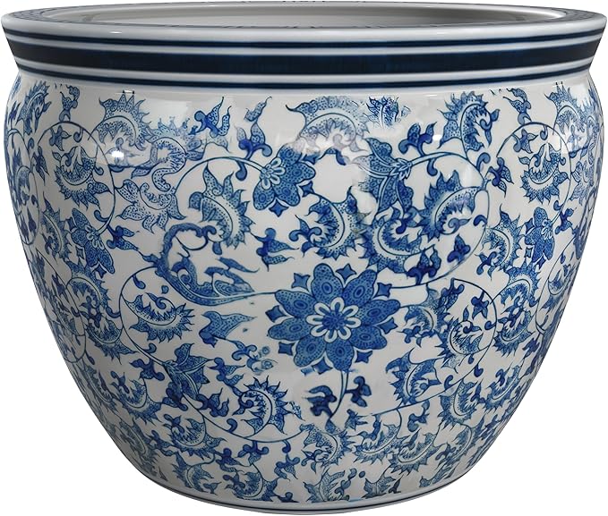 Red Lantern Large 18" Porcelain Fishbowl Blue & White Floral Planter or Cachepot for Indoor/Outdoor Use in Garden Entryway Living Room Boho Eclectic Modern Contemporary Classic Traditional Style Decor
