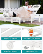 SERWALL Outdoor Chaise Lounge Set of 6, HDPE Pool Lounge Chair with 5-Position Adjustable Backrest, Patio Lounger with Rolling Wheels & Cup Holder for Pool, White